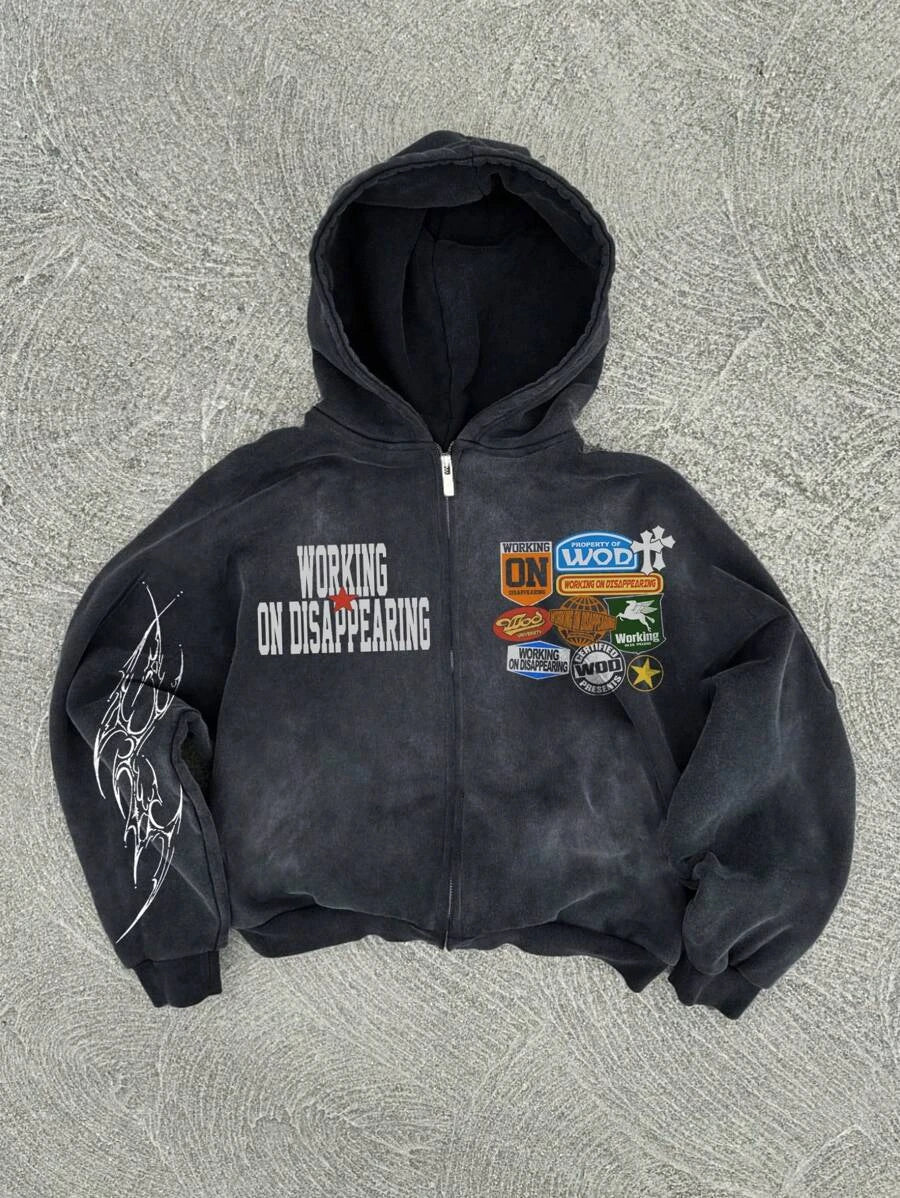 New Y2K American hip-hop retro monogrammed printed hoodie men clothing streetwear Harajuku jacket Gothic casual zip up hoodies