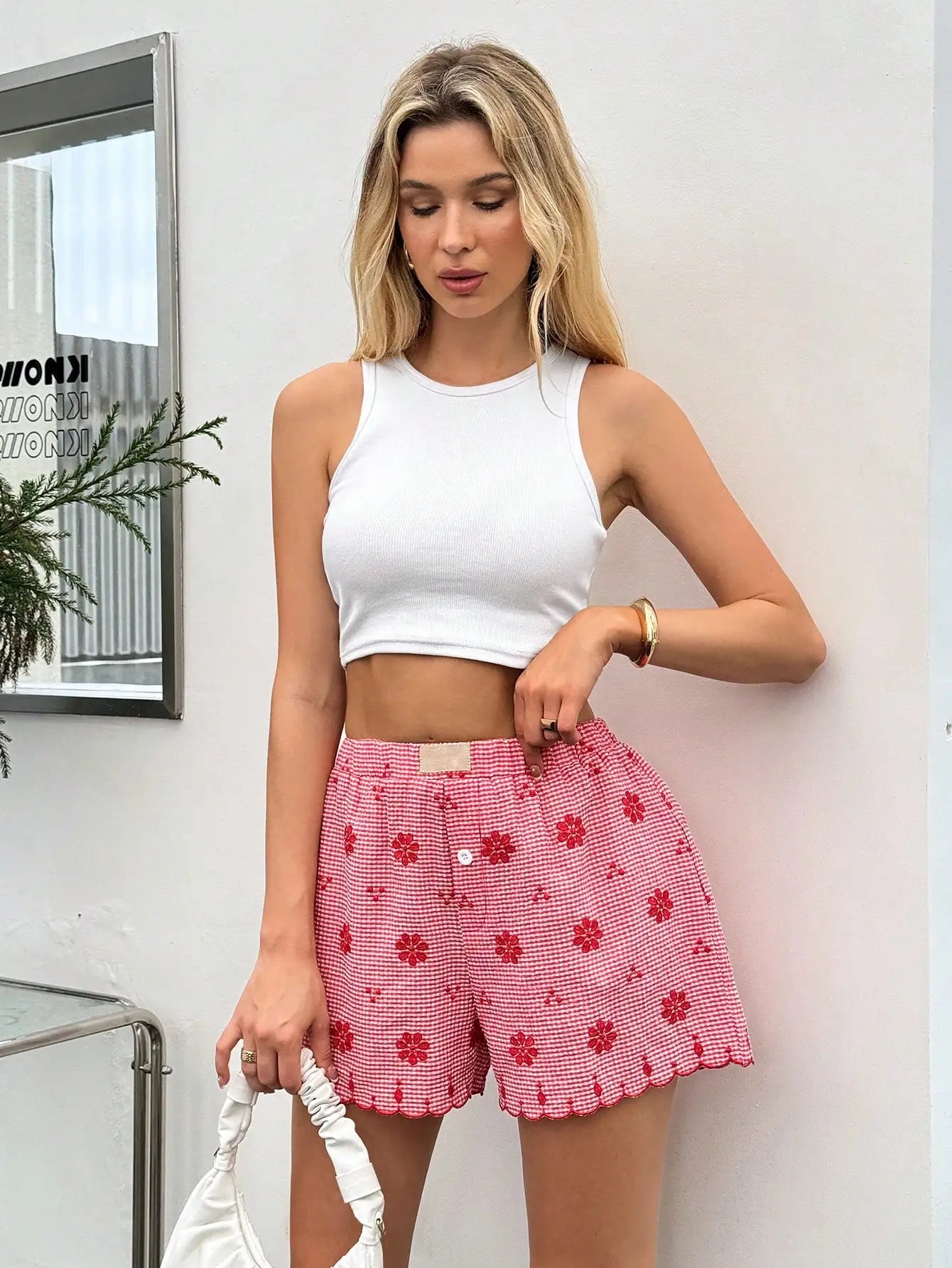 Women's Shorts Y2K High Waist Red 25 Spring Summer Plaid Button Front Ruffled Hem Casual Retro Beach Vacation Essentials