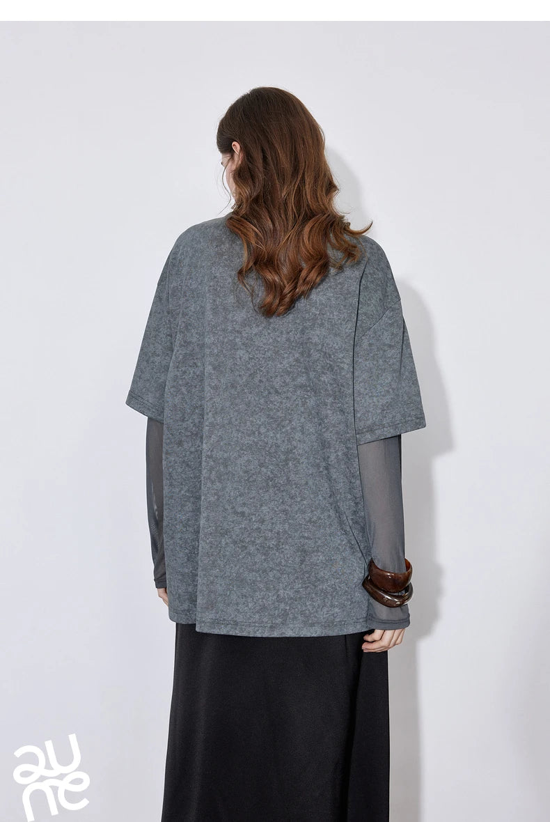 TOYOUTH Women T shirt 2025 Spring New Fake Two Piece Printed Round Neck Fashionable Pullover T shirt