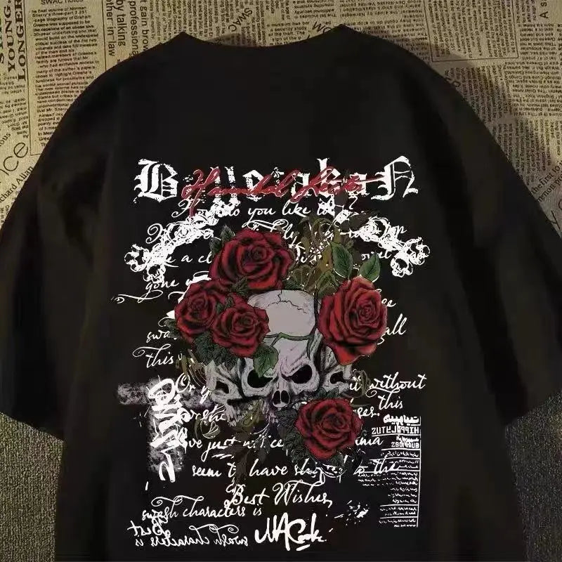 2025 New pure cotton American retro skull print T-shirt with round neck and short sleeve women summer European and American tops