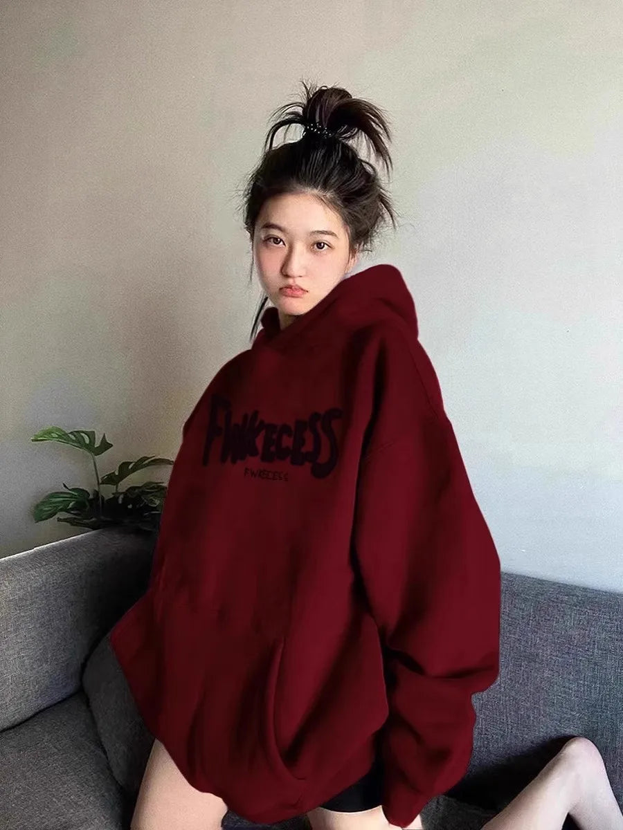 Burgundy Retro Sweatshirt Women's American Lazy Style Autumn and Winter oversize Design Spring Hooded Niche Jacket