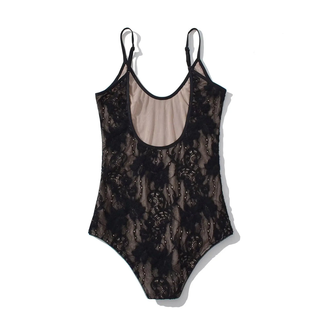 Sexy See Through Lace With Lining Backless Spaghetti Strap Bodysuit Woman Sling Tight Short Jumpsuit Slim fit Rompers Playsuits