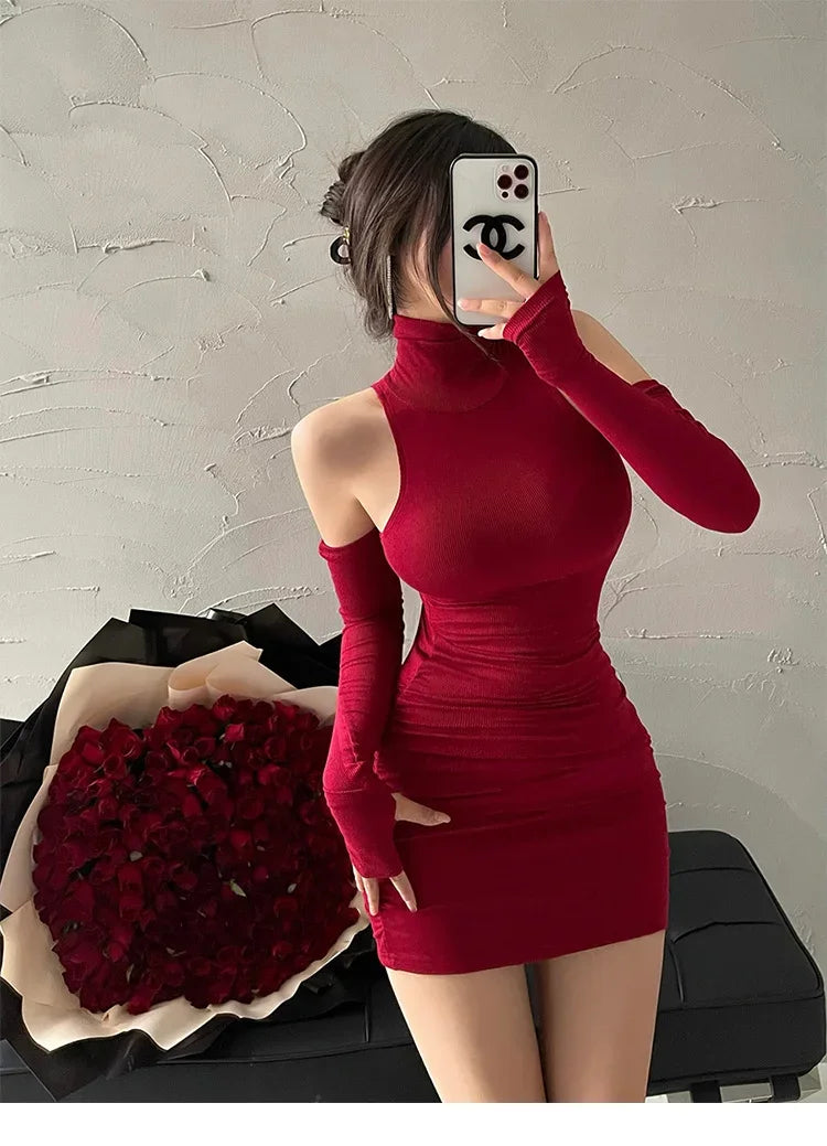Spring Sexy High Collar Dress Spicy Sweet Tight Pure Desire Style Halter Wrap Hip Dress Women