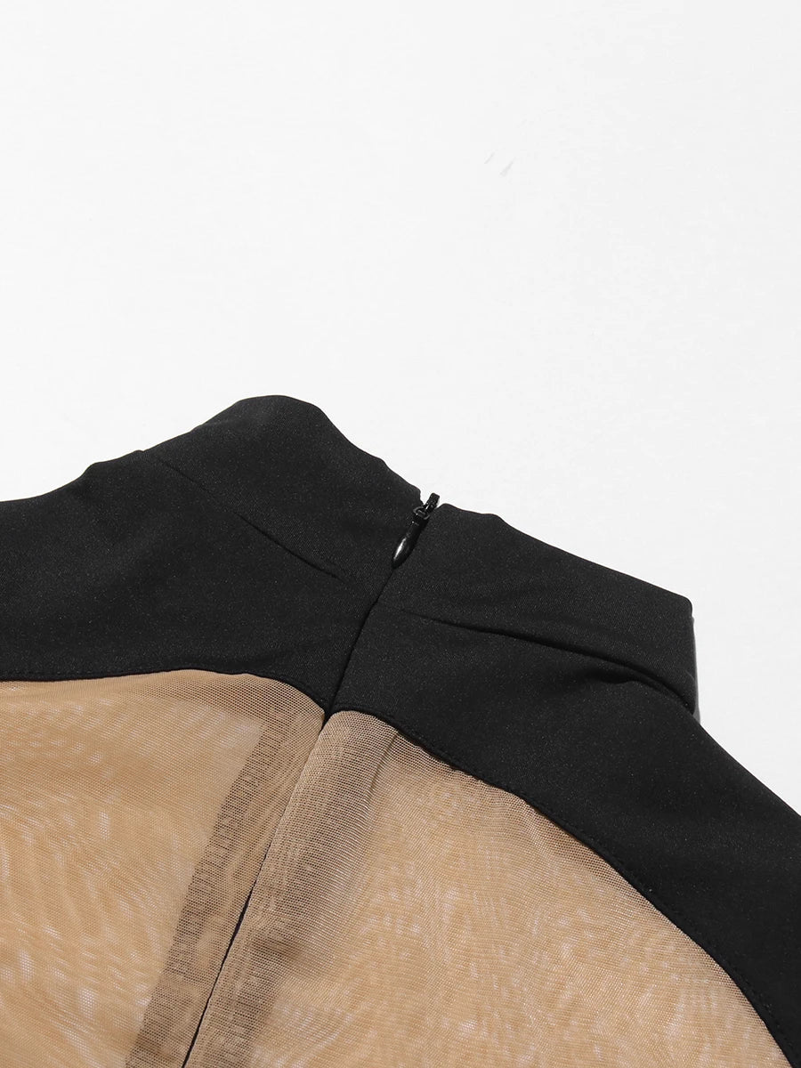 CHICEVER Sexy See Through Jumpsuit for Women Stand Collar Long Sleeve Colorblock Hot Girl Style Playsuit Female Summer Clothing