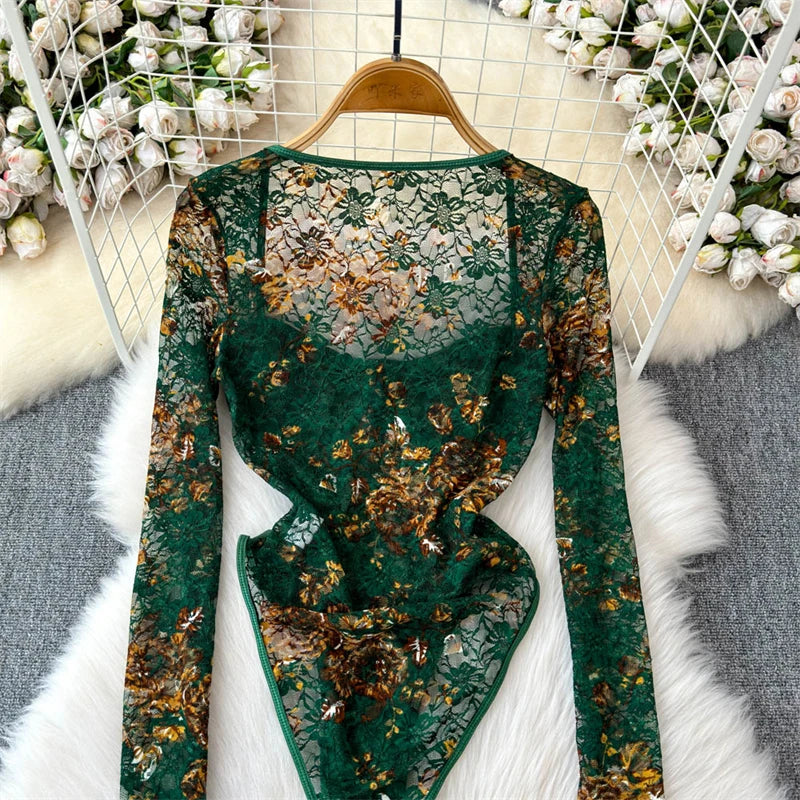 Women's Green Lace Jumpsuits Vintage Skinny Playsuits Harajuku Long Sleeve Square Collar Exotic Sexy Rompers Coquette Clothes