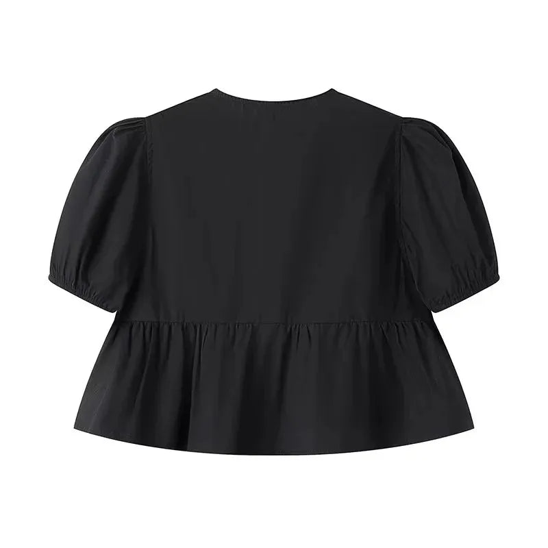 TRAF Ruffle Blouses Woman 2024 Puff Sleeve Shirts and Blouses for Women White Black Ruched Crop Top Female Ruched Women's Blouse