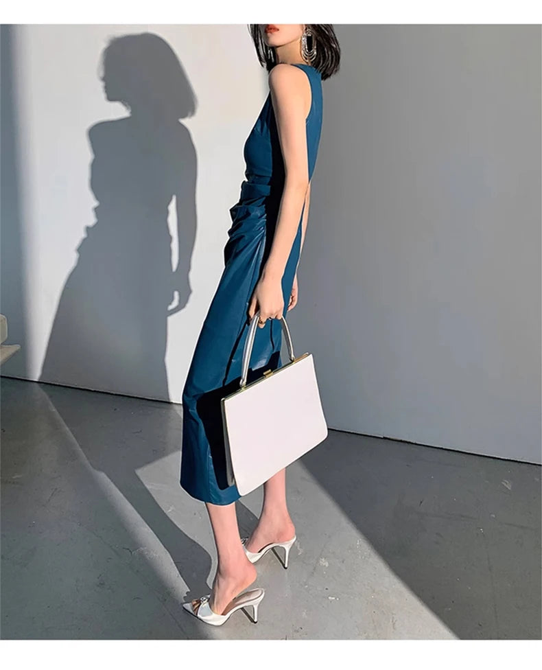 Lautaro Spring Autumn Sleeveless Backless Black Stretchy Blue Soft Faux Leather Midi Tank Dress Women Slim Fit Long Dresses 2023