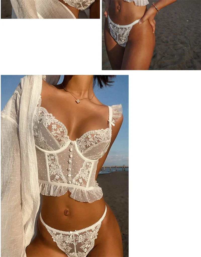 French Sexy Ultra Thin Underwear Women Lace Embroidery Flowers Bra Set Breathable Body Shap Bras and Thongs Sets Lingerie