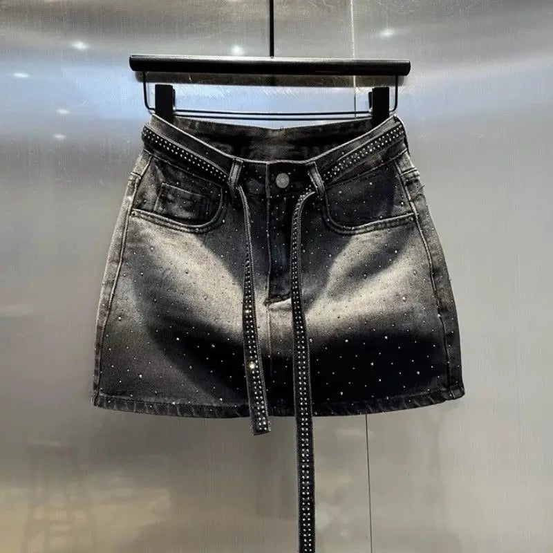 Diamonds Vintage Denim Short Skirt 2025 Summer New High Waist Fashion High Waist A-line Skirt Women Clothes Trend Sexy Skirts
