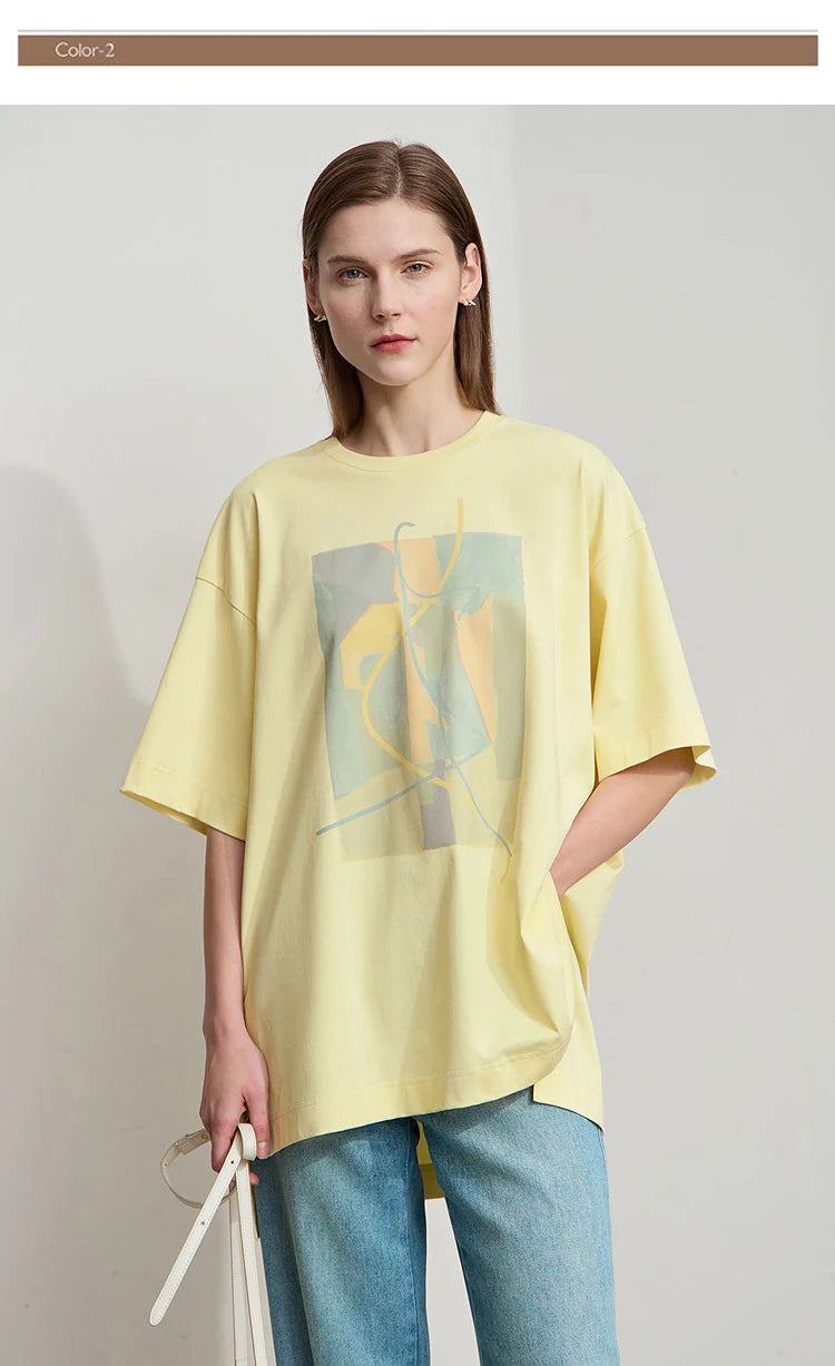 Amii Minimalist Summer T-shirt Women Irregular Design Tops Casual O-neck Abstract Print Loose Dropped Shoulder T-shirt 12522081