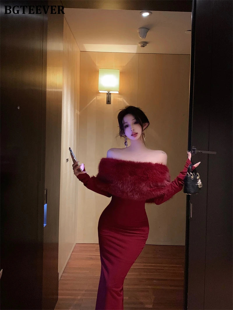 BGTEEVER Autumn Winter Fashion Slash Neck Ladies Skinny Package Hip Sweater Dress Elegant Long Sleeve Female Slim Knitted Dress