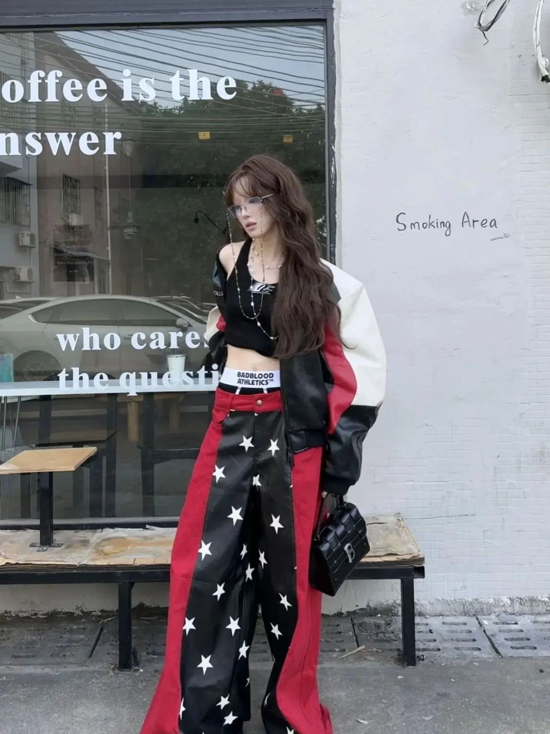 2025 Fall Winter Y2K Sweet Grunge Star Print PU Leather Patchwork Jeans Women Oversized Baggy Streetwear Wide Leg Pants
