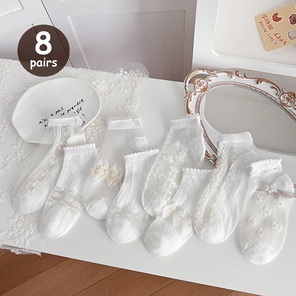 5 Pairs/Lot Summer Short Women White Socks Low Tube Cool Socks Set Cute Print Ankle Foot Cover Fashion New Kawaii Sock