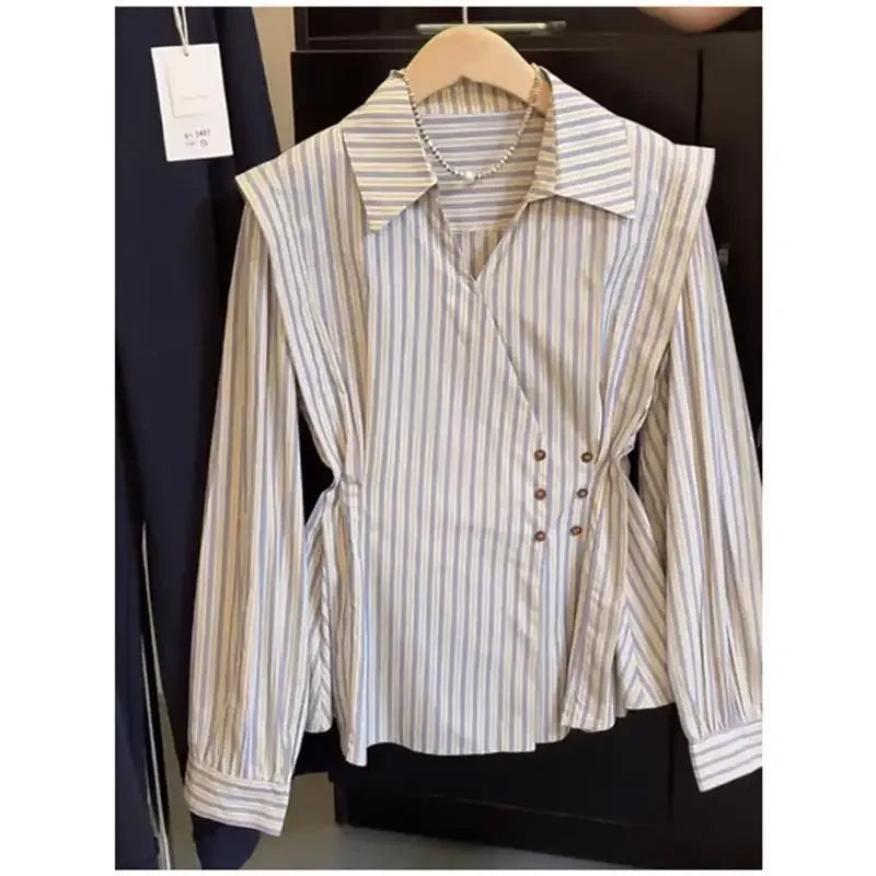 Elegant Slim Fit Long Sleeve Striped Shirt Design Spring Autumn Women Fashionable Waist Cinching Button up Casual Shirt