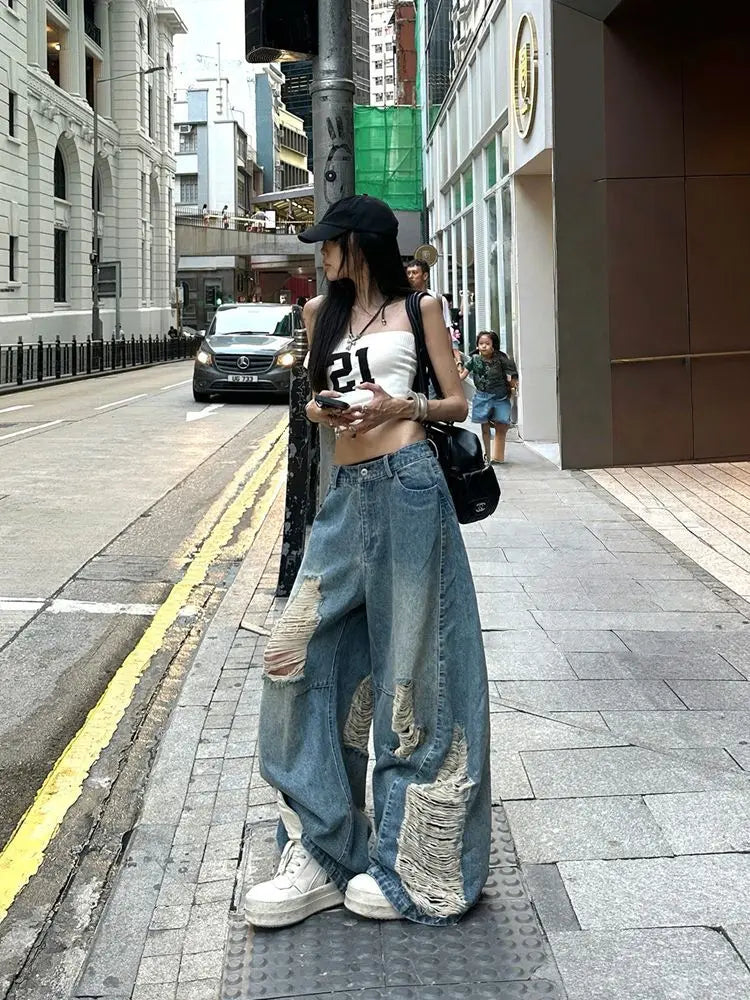 American Style Distressed Washed Jeans Women Summer Y2k Streetwear High Waist Hip Hop Wide Leg Pants 2025 New Casual Loose Jeans