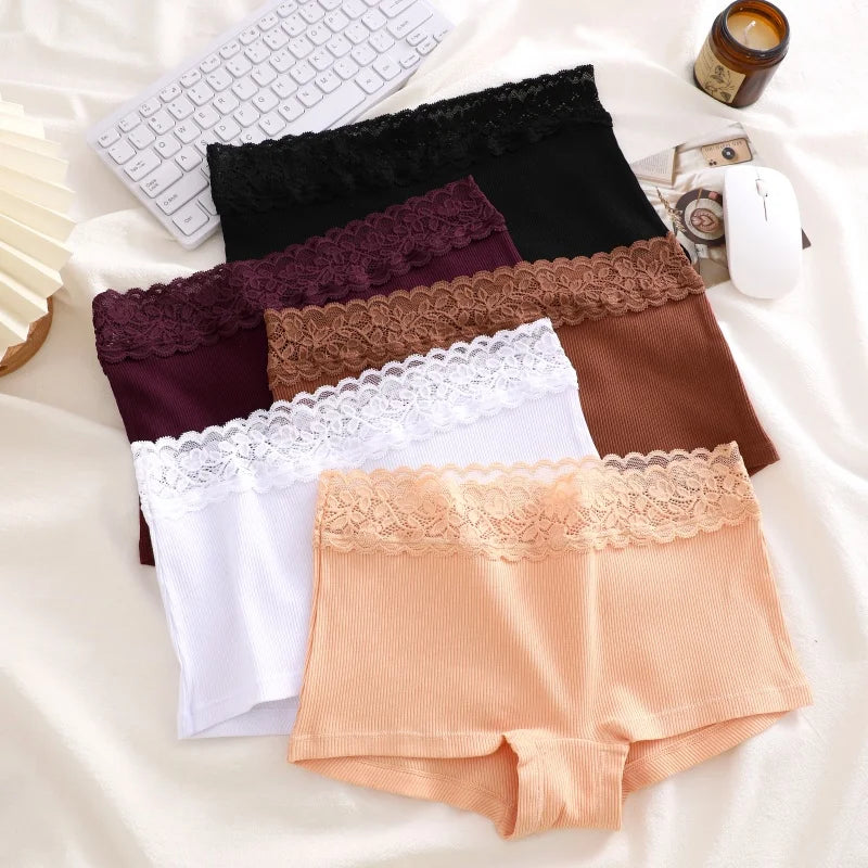 3Pcs Women's Cotton Lace Panties Boxers Seamless Boxer Underwear Female Solid Color Briefs Cozy Lingerie Intimate Underpant S-XL