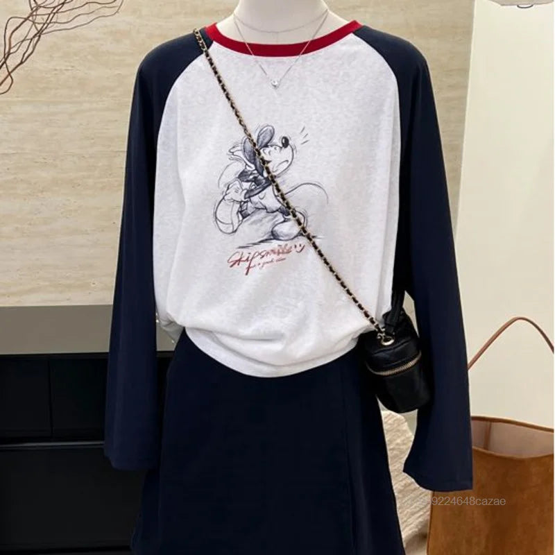 Cute Cartoon Mickey Mouse Long Sleeved T-shirt Korean Version Trend Simple Patchwork Tees Women's Autumn Slimming New Casual Top