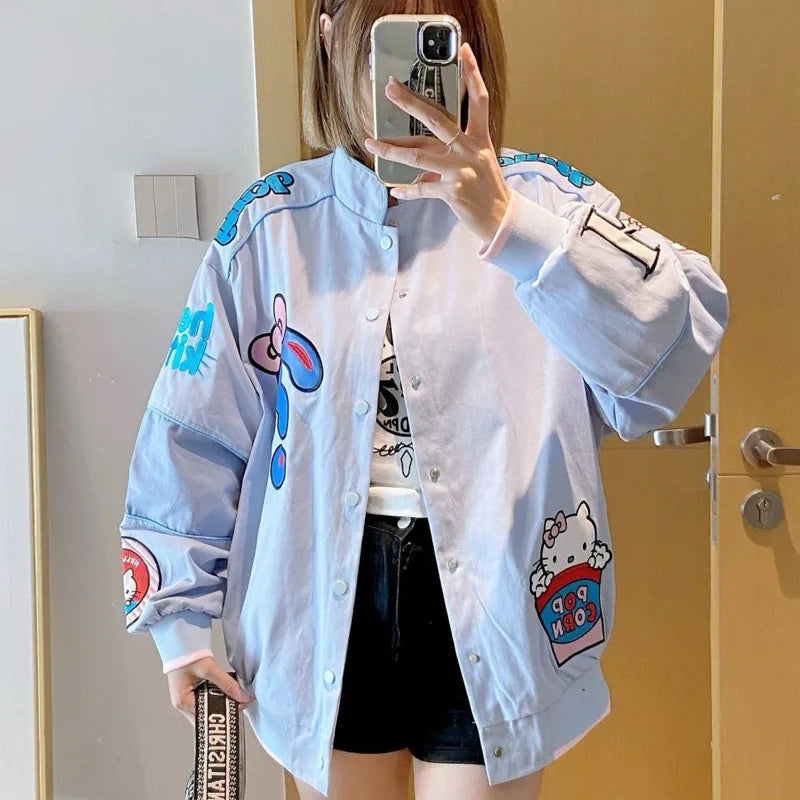 Cartoon Hellokitty Y2k Baseball Jacket Button American Retro Coats Embroidery KT Cat Harajuku Jacket Women Oversized Coat