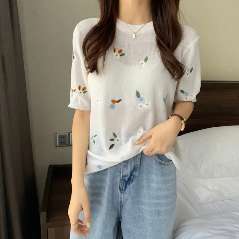 Trendy Ice Silk Knitted Top Women's Embroidery Short Sleeves Heavy Duty Crew Neck Top Niche Design Sensibility