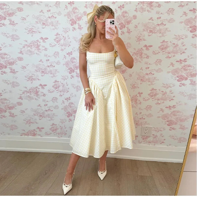 Women Fashion Plaids Pleated High Waist A-line Dress Elegant Sleeveless Backless Slim Long Dresses Summer New Party Streetwear