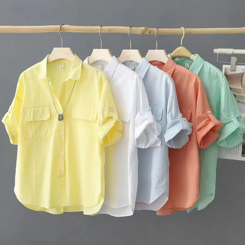 Summer Korean Style Solid Cotton Chic Women's Shirt Casual Loose All Match Office Lady Blouse Female Short Sleeve Blusas Mujer