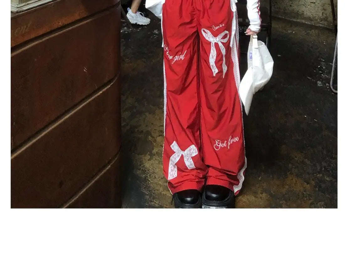 Dophee Original Spice Girls Elastic Waist All-match Loose Straight Wide Leg Pants Cute Bow Printed Splicing Lace Casual Trousers