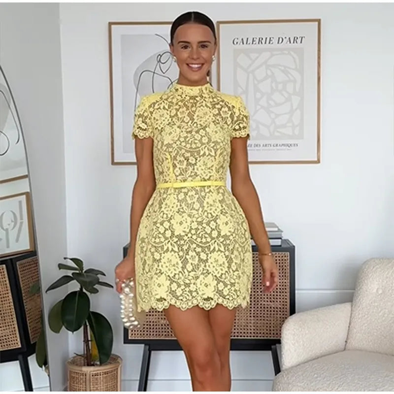 Chic Butter Yellow Lace Print Mini Dress Women's Elegant Short Sleeve O-neck High Waist Gowns 2025 Lady Holidays Street Vestidos