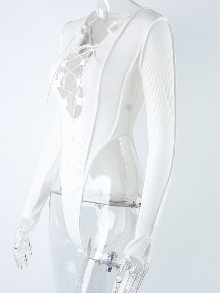 2023 Ribbed Knitted Long Sleeve Tie Up Sexy Bodysuit Bandage Patchwork Bodycon Club Party Body Women Outfit High Waist Top