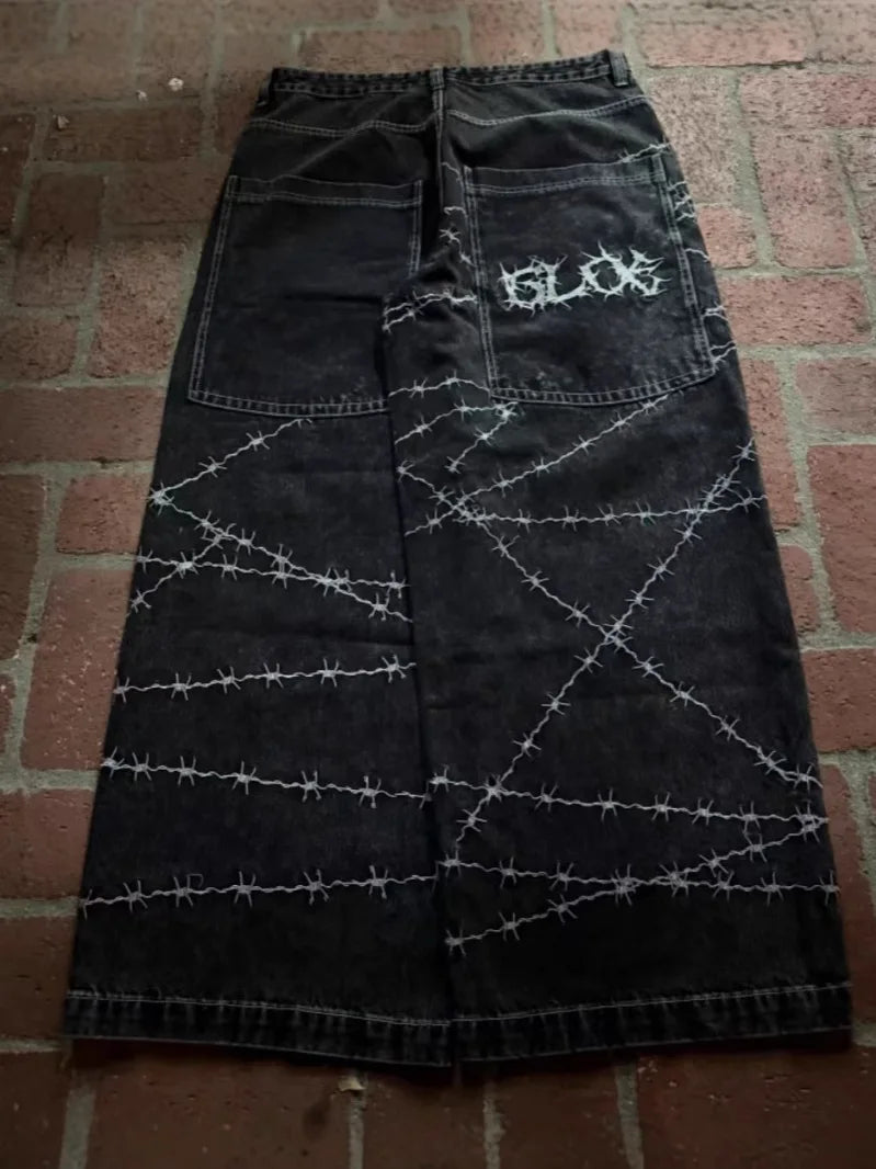 Jeans y2k high street hip hop loose wide-leg casual pants men's pants jeans street wear printed gothic style trousers hot sale