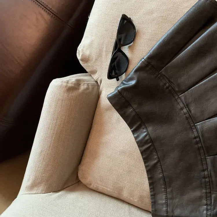 American PU Leather Pleated Skirt Women Slim High-waisted Design Mini Skirt Red Black