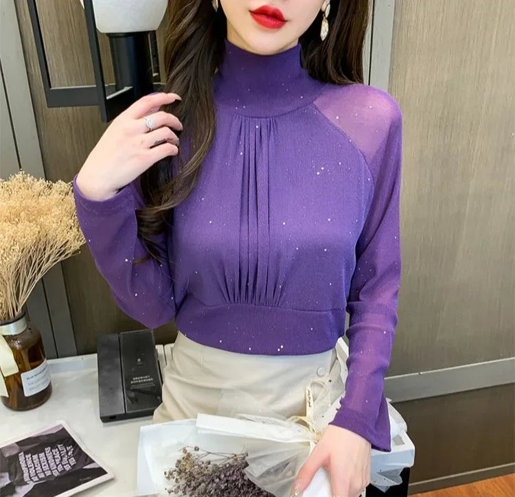 Sequin Long Sleeve T Shirt for Women Rhinestone Slim Plain Glitter Tops Woman Korean Popular Clothes With Sleeves Pulovers Kpop