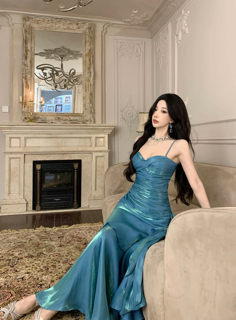 Sexy Shiny Glitter Mermaid Evening Party Prom Gowns Spring Summer Spaghetti Strap Ruffled Dresses Sleeveless Slim Waist Robe