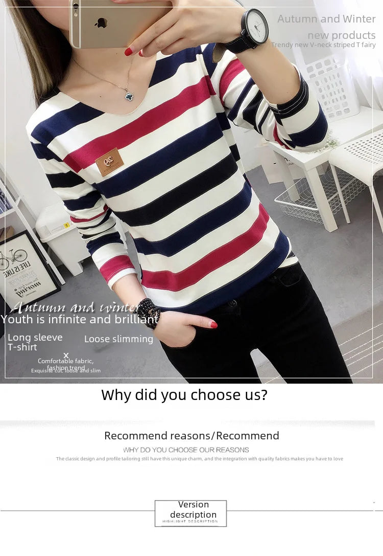Korean Style Spring Autumn Women's T-shirt New Stripe Long Sleeve Top Slimming Base Layer Inner Outer Wear V-neck