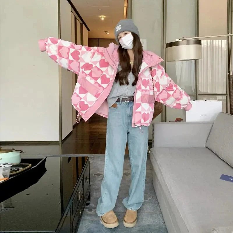 Duck Down Coat for Women, Loose and Thicken Hooded Parkas, Printed Outerwear, Female Bread Jackets, Winter Clothing, New, 2024