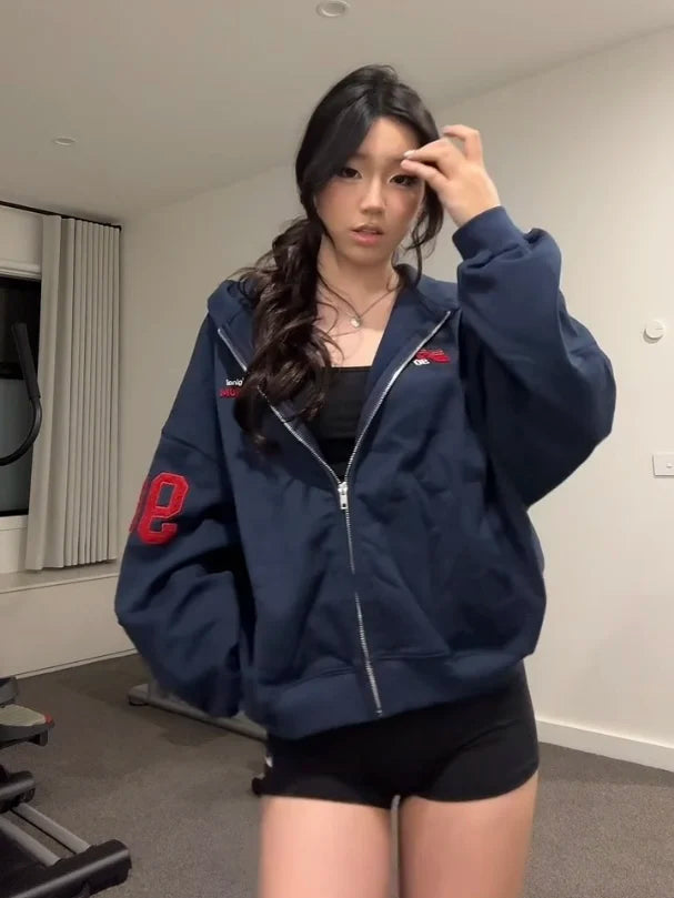 Embroidered Oversize Fce Lined Hoodie Cardigan Women's Spor Chic Autumn Winter Loose Fit Long Sve Cotton Jaet