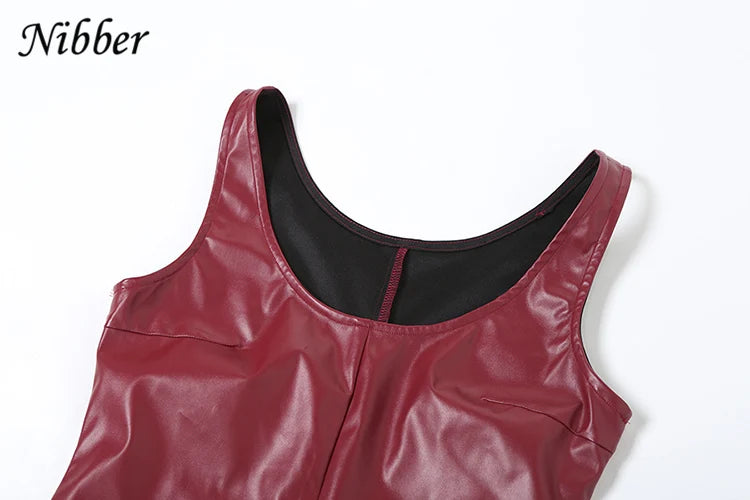 Nibber Vintage Elegant Dress Women Summer Leather Classic Sleeveless Slits Basic Simple Trend Solid Stretch Party Long Bodycon