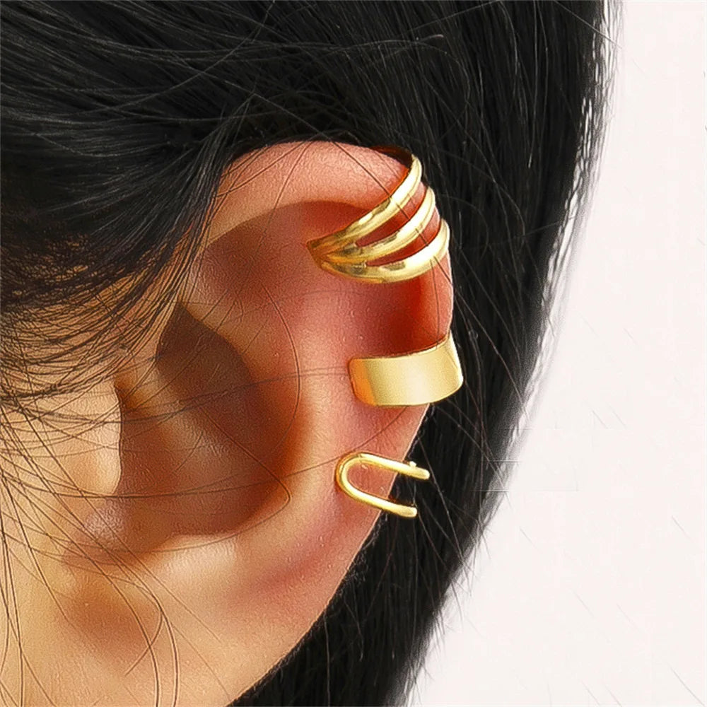 3PCS Vintage Simple Metal Crystal Ear Cuff for Women Teens Gold Color Non Piercing Fake Cartilage Clip Earrings Set Jewelry Gift
