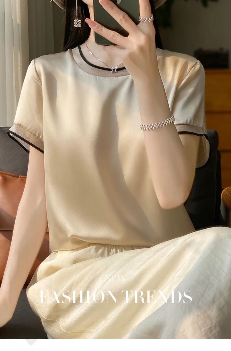 Oversize New Arrival T-Shirt Silky Satin Surface Women's Tees Short ONeck Tank Top Casual Slim Solid Lady Clothes Fashion Trends