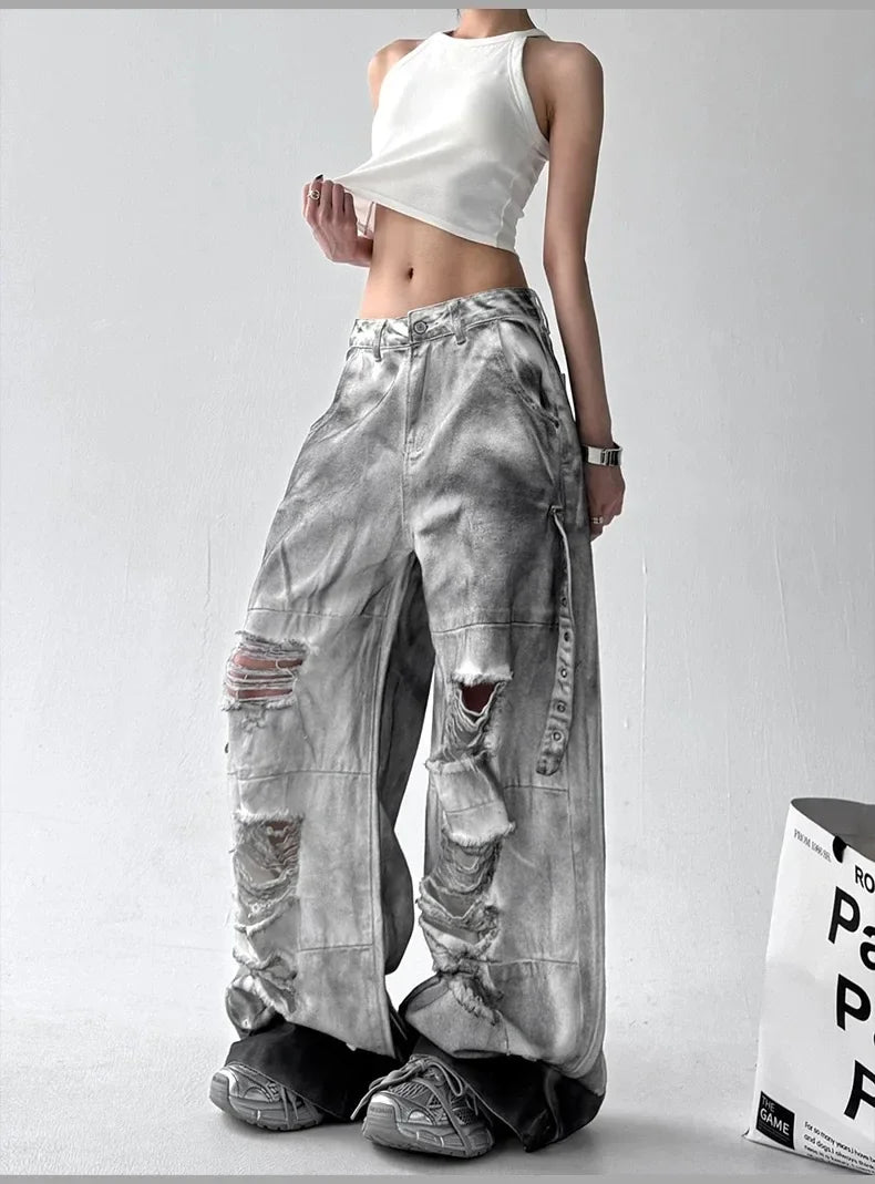 Y2K Women's Grey Ripped Jeans Cargo Baggy Harajuku High Street Aesthetic 2000S Style Fashion 90s Retro Loose Jeans 2025 New