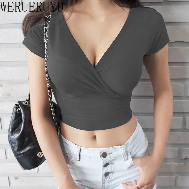 New Summer Black Sexy V-neck T-shirt Short Sleeve Y2k Crop Top Women Clothes Streetwear Korean Fashion Corset Tops Tshirts 2023