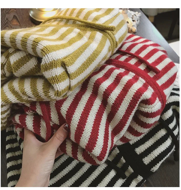 Contrast Color Stripe Hood Knit Cardigan Women Autumn and Winter New Loose Design Sense Long Sleeve Cardigan Sweater Outerwear