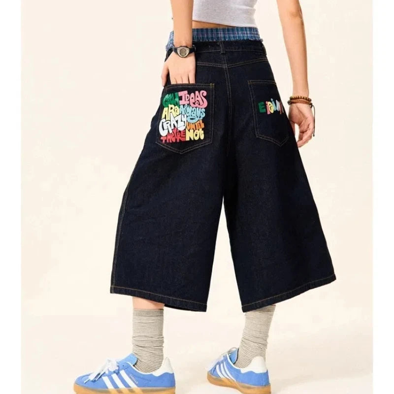 Summer High Street Letter Printing Washing Denim Shorts Men and Women American Retro Casual Loose Straight Cropped Pants Trendy