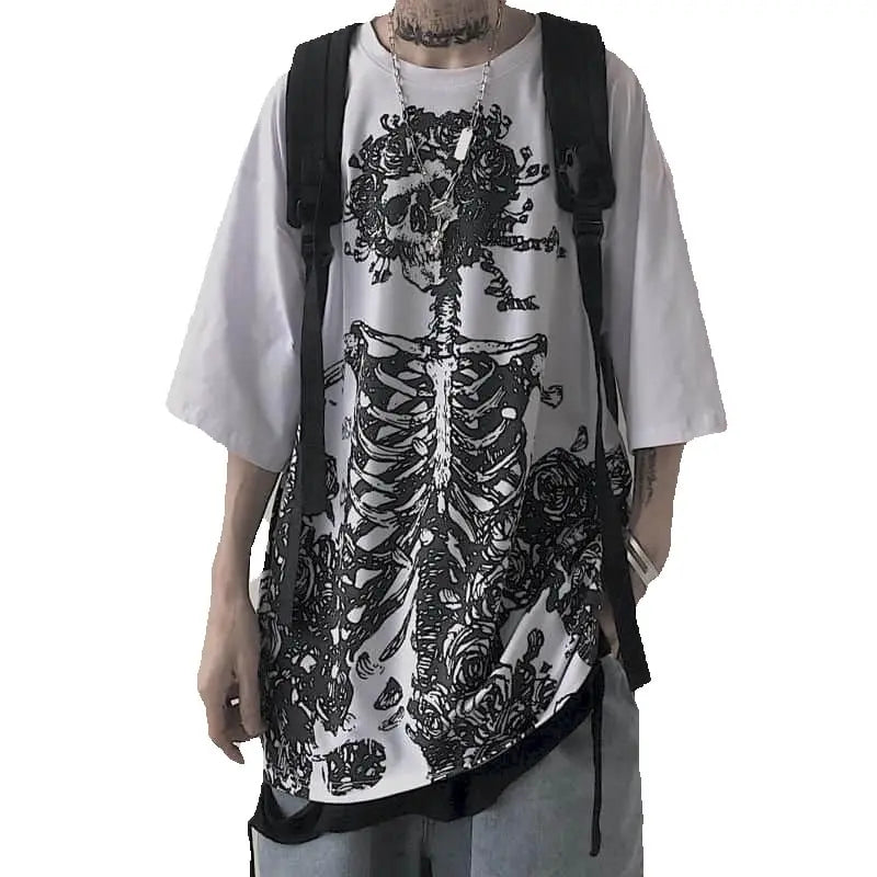 Men T-shirts 2023 Summer Streetwear High Street Gothic Skull Tshirt Loose Oversized Short-sleeved T shirt Dark Anime Men Y2k Top