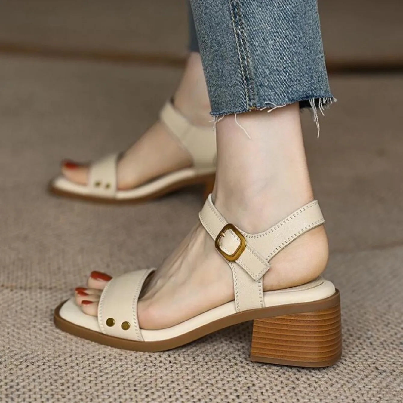 Women Sandals Summer Real Soft Leather Thick Heel Vintage Brown Sandals Women Cross One Line Strap High Heels Mary Jane Shoes