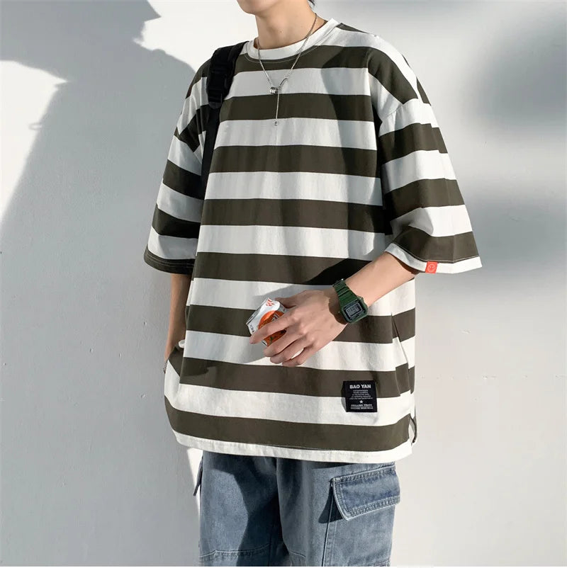 Men's Cotton T-shirt Striped Mens Oversized T Shirts Split Hem Fashion Tee Shirts Casual Wear Summer Tshirt 5XL Big Size for Man