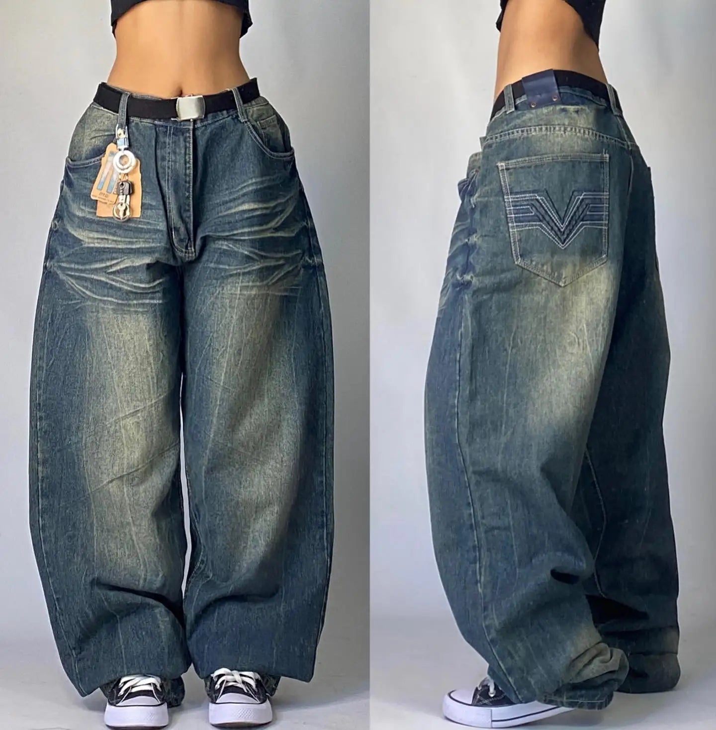 American New Fashion Letter Embroidery Stitching Old Baggy Jeans Women Y2K Harajuku  Popular High Waist Wide Leg Trousers