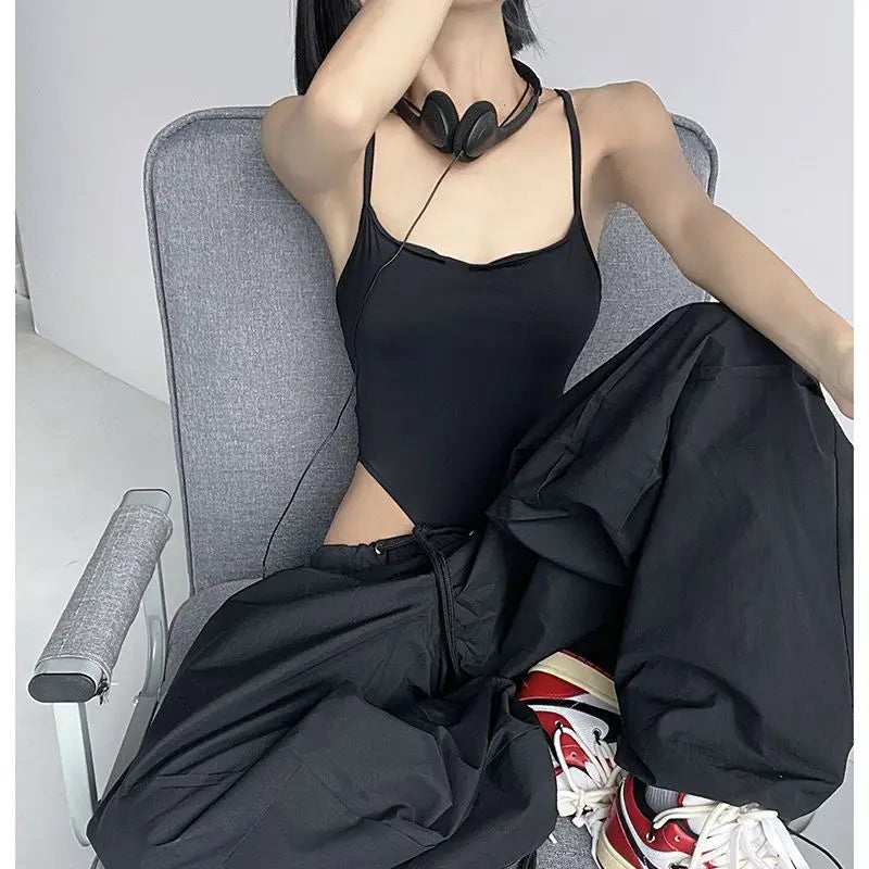 Solid Backless Camis Women Summer with Chest Pad Hollow Out Crotchless Top Sexy American Style Hotsweet Streetwear Slim Thin