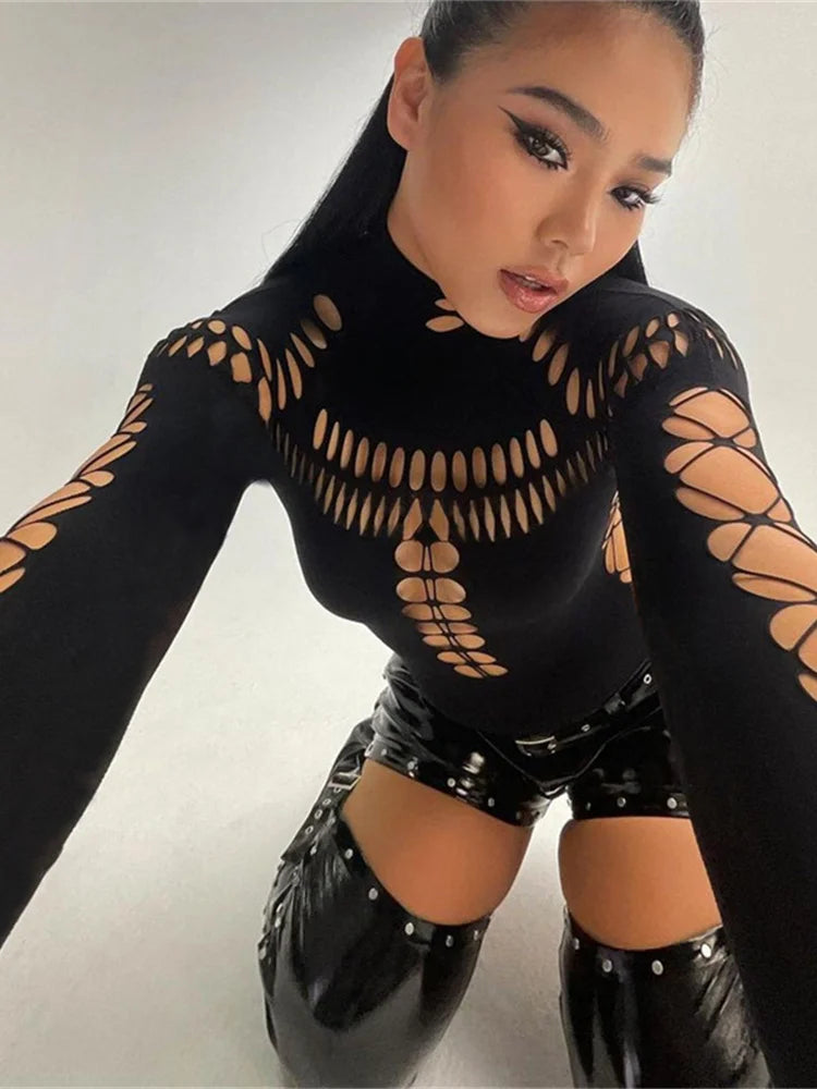 nibber Hollow Out Women Bodysuit Criss-Cross Full Sleeve Autumn Trend Skinny Sexy Solid Rave Party Club Streetwear Y2K Outfit