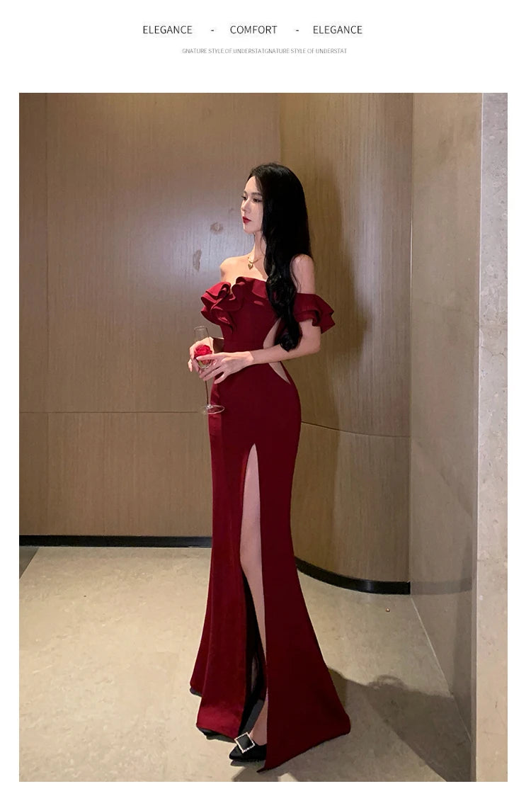Women Sexy Bodycon Off Shoulder High Split Long Dresses Wedding Evening Party Prom Robe Ruffles Slash Neck Summer New Vestidos
