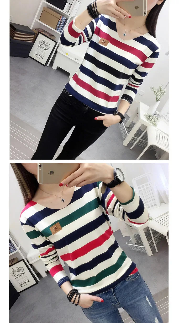 Korean Style Spring Autumn Women's T-shirt New Stripe Long Sleeve Top Slimming Base Layer Inner Outer Wear V-neck